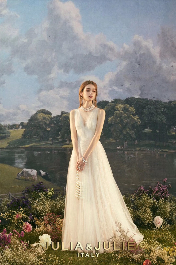 Cream Lace Dress with Pearl Details and V-Neck