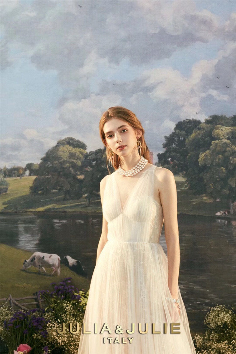 Cream Lace Dress with Pearl Details and V-Neck
