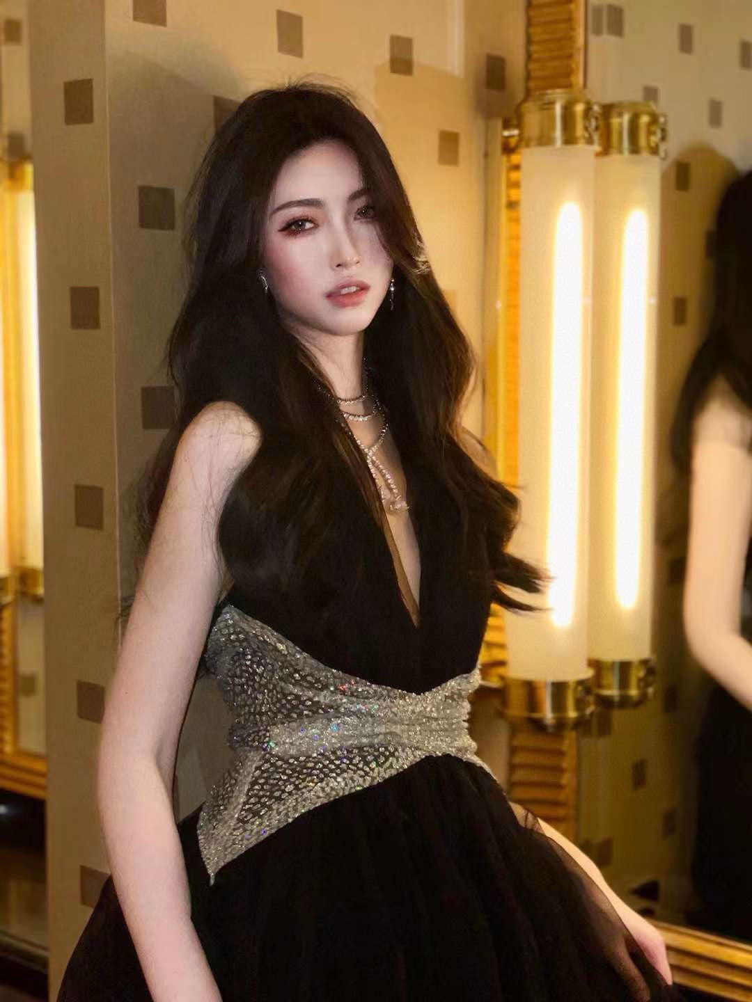 Halter Dress with Rhinestone-Embellished Waist