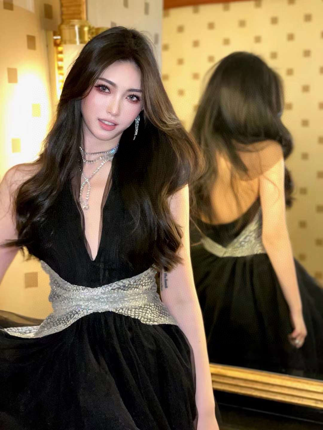 Halter Dress with Rhinestone-Embellished Waist