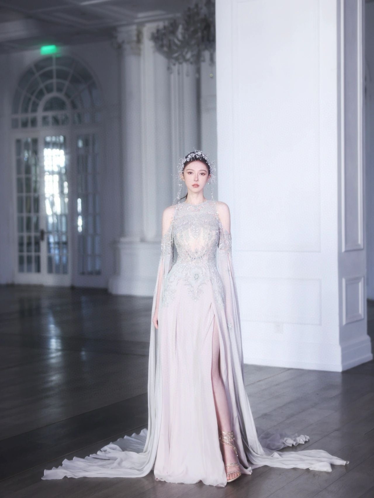 Beaded Embroidered Dress with Side Split