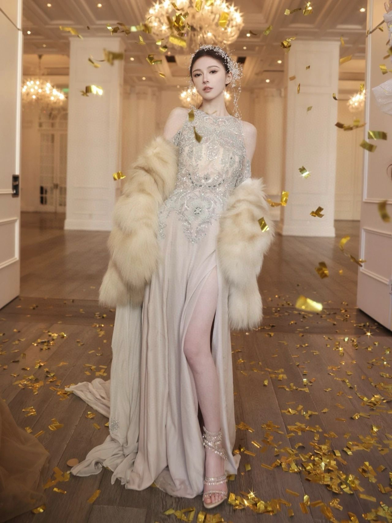 Beaded Embroidered Dress with Side Split