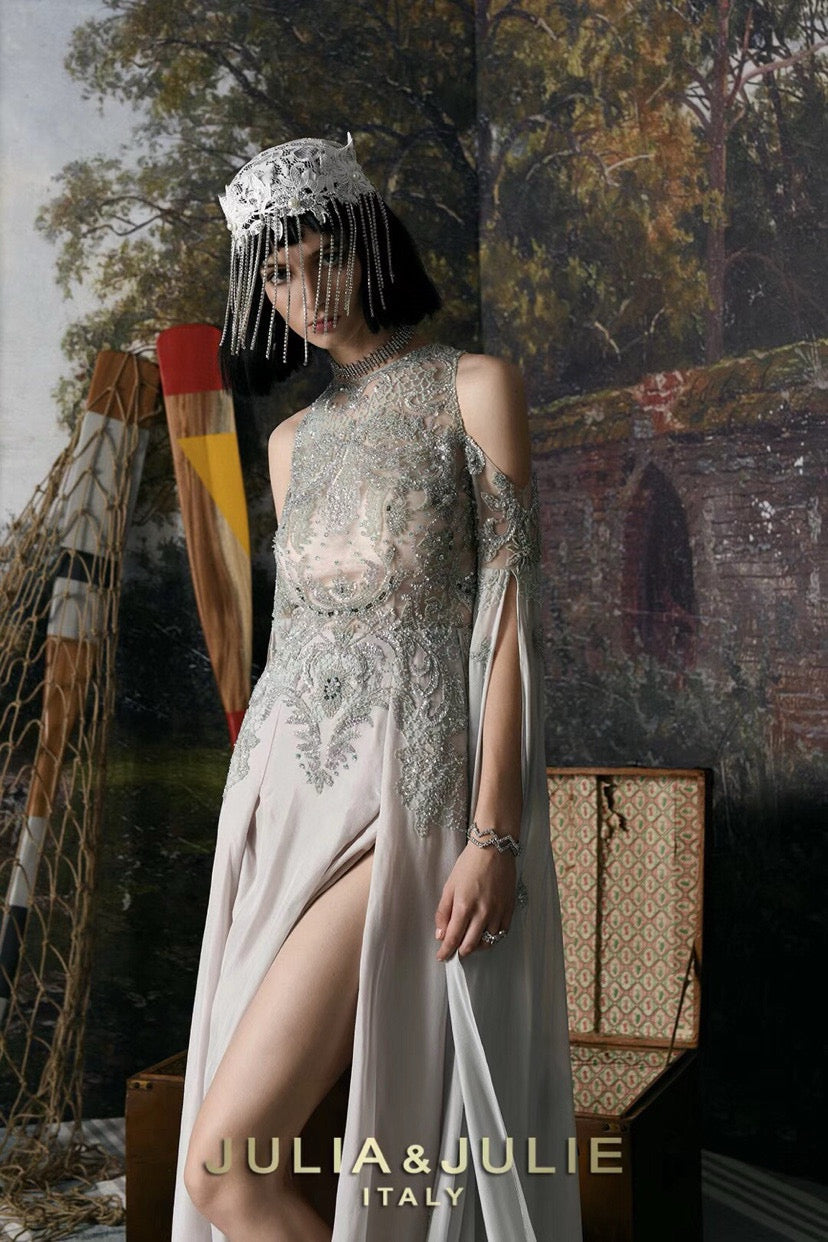 Beaded Embroidered Dress with Side Split