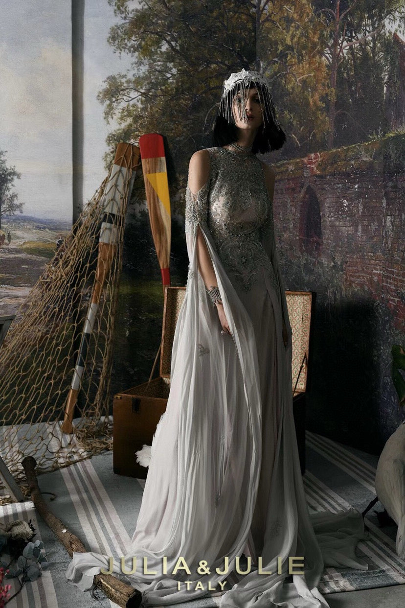 Beaded Embroidered Dress with Side Split