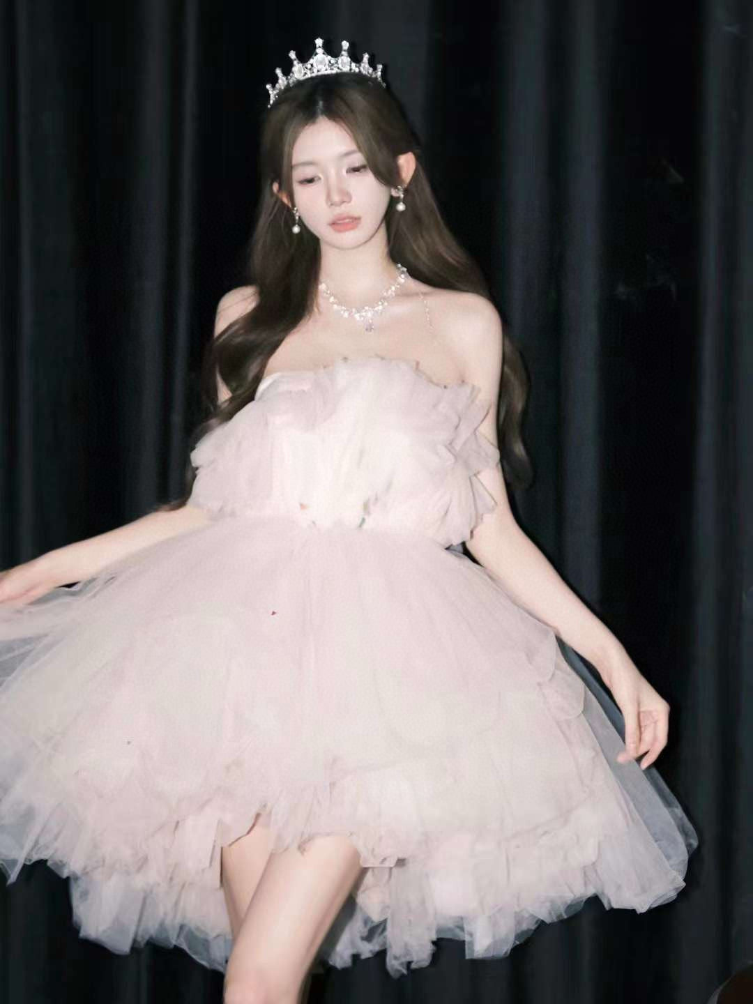 Pink Tulle Strapless Layered Dress