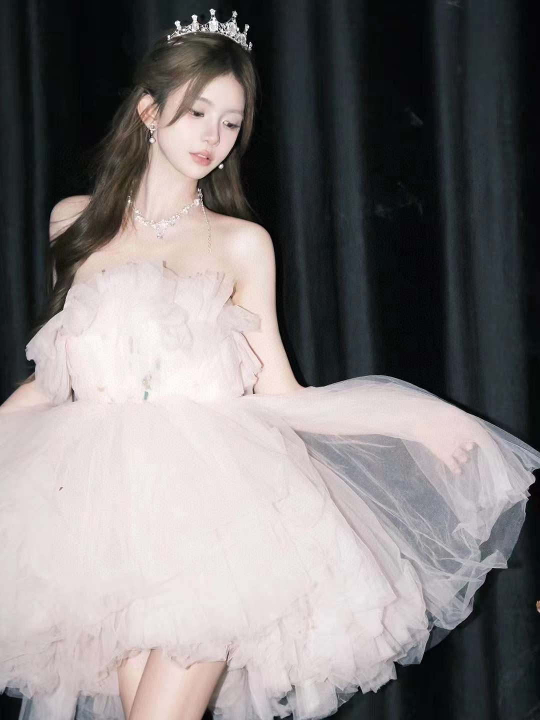 Pink Tulle Strapless Layered Dress