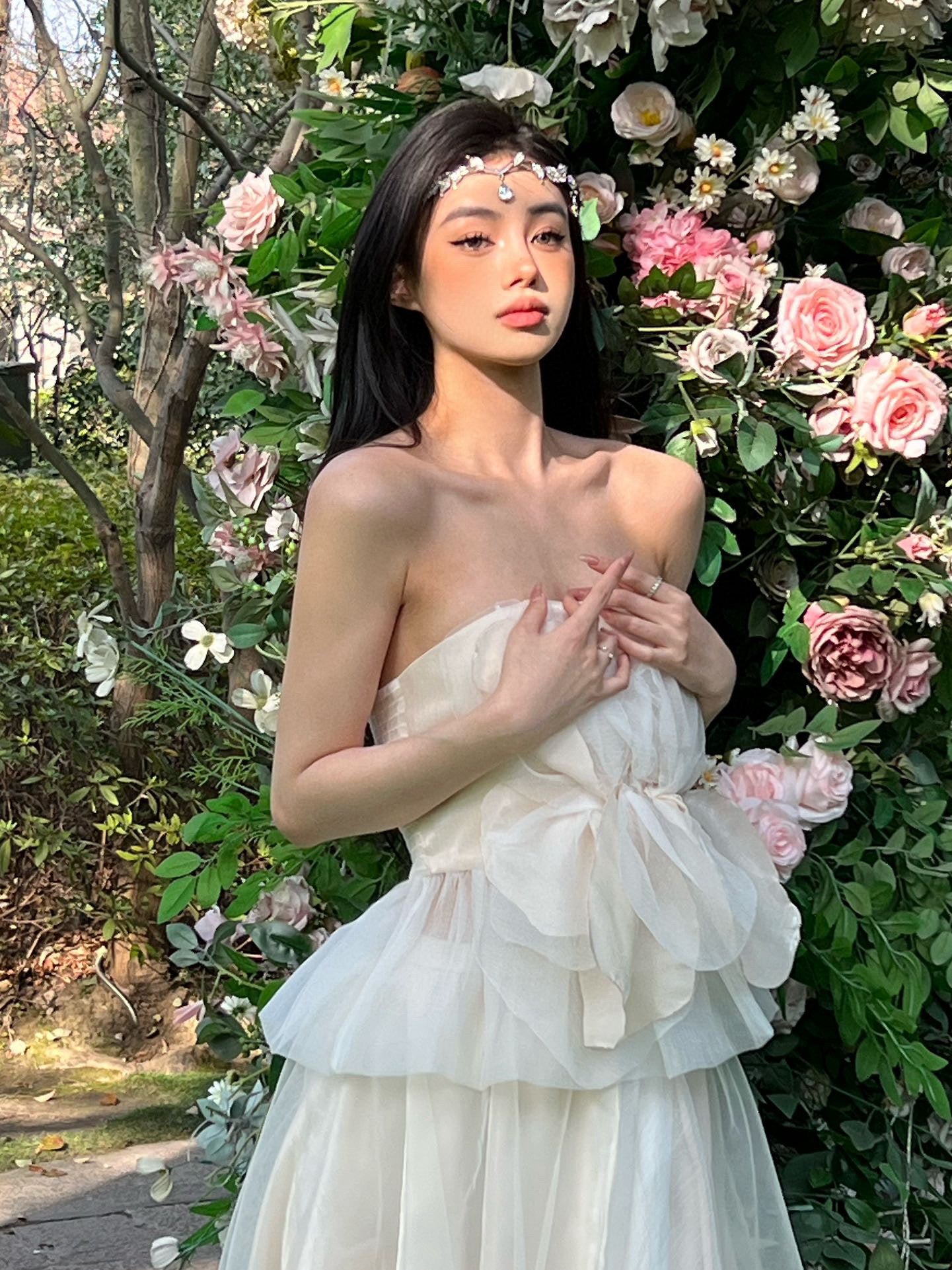 Shimmering White Camellia Bustier with Layered Tulle Skirt Set