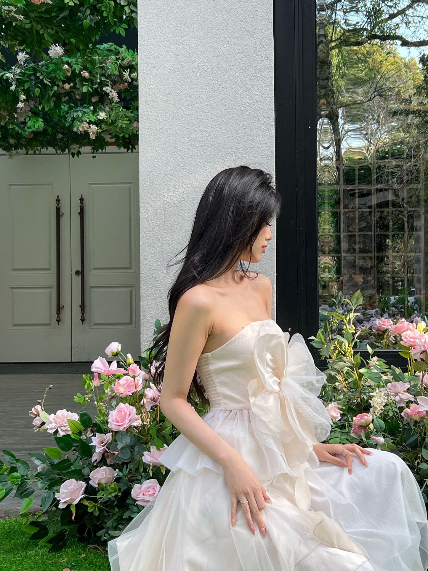 Shimmering White Camellia Bustier with Layered Tulle Skirt Set