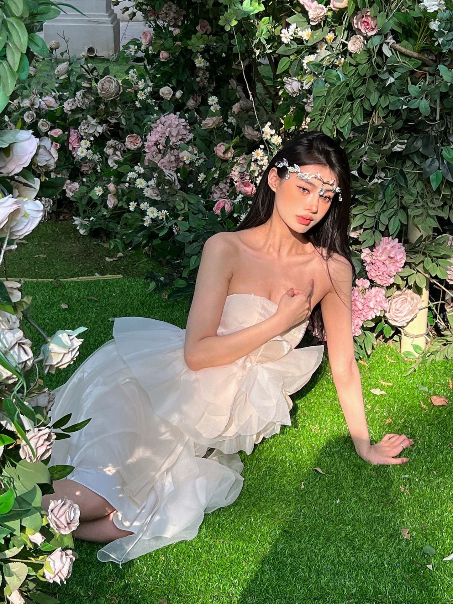 Shimmering White Camellia Bustier with Layered Tulle Skirt Set