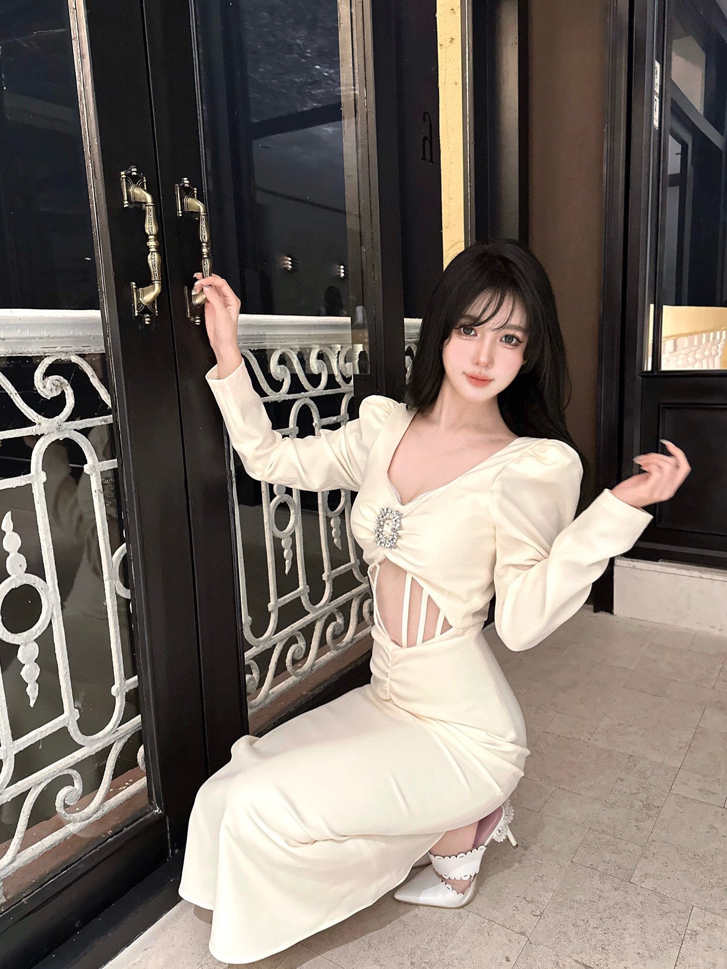 Square Neck Fishbone Cutout Dress