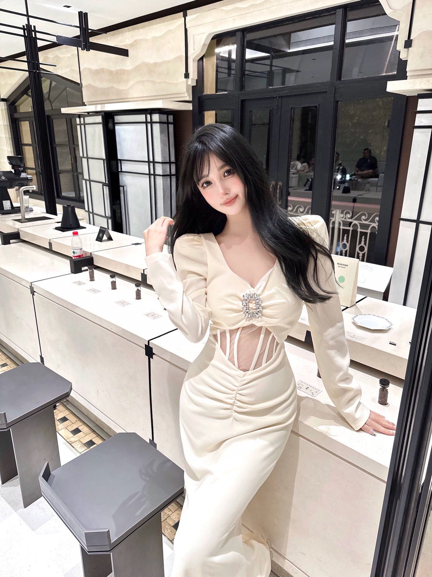 Square Neck Fishbone Cutout Dress