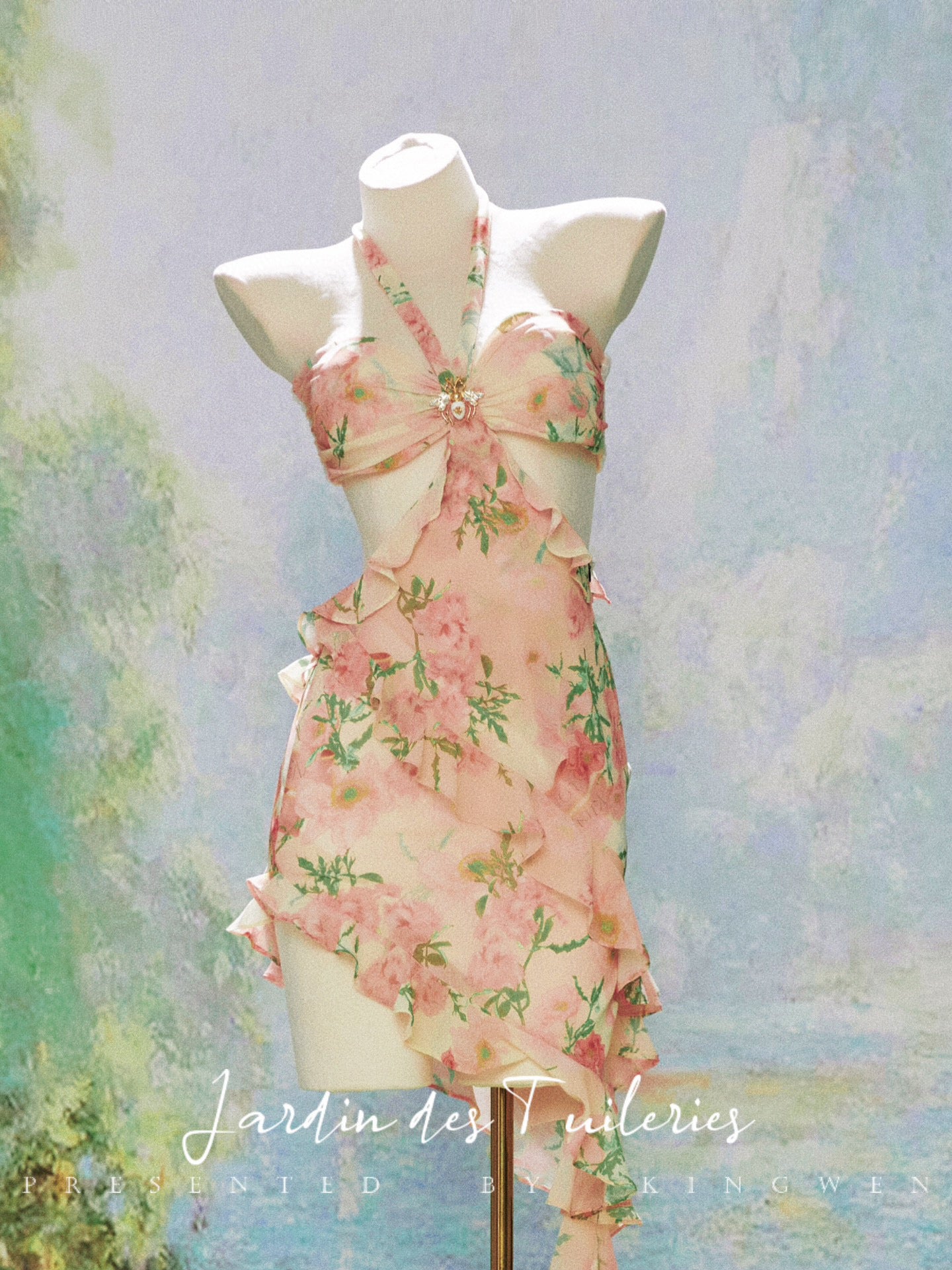 Printed Chiffon Ruffle Cutout Dress