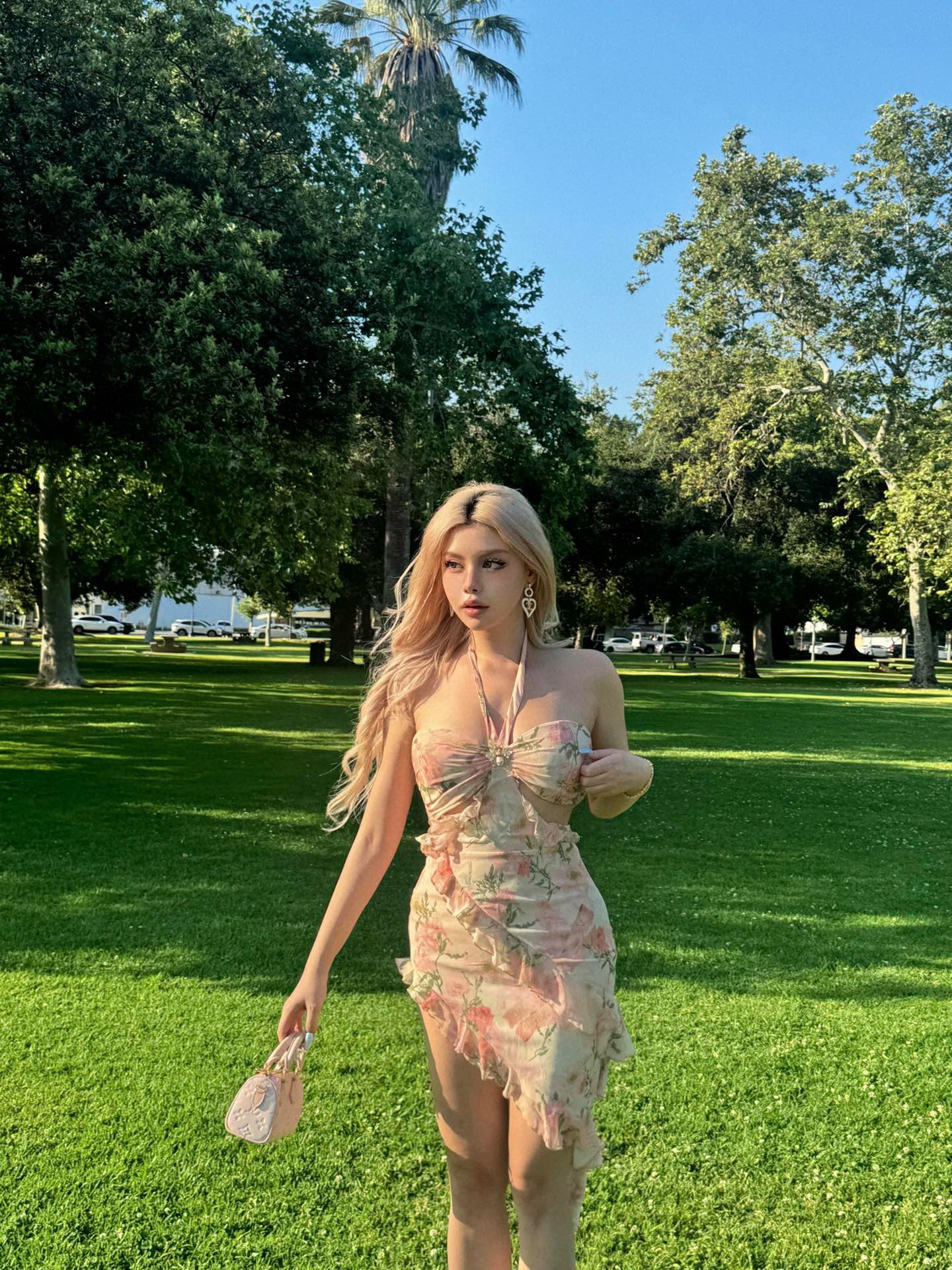 Printed Chiffon Ruffle Cutout Dress