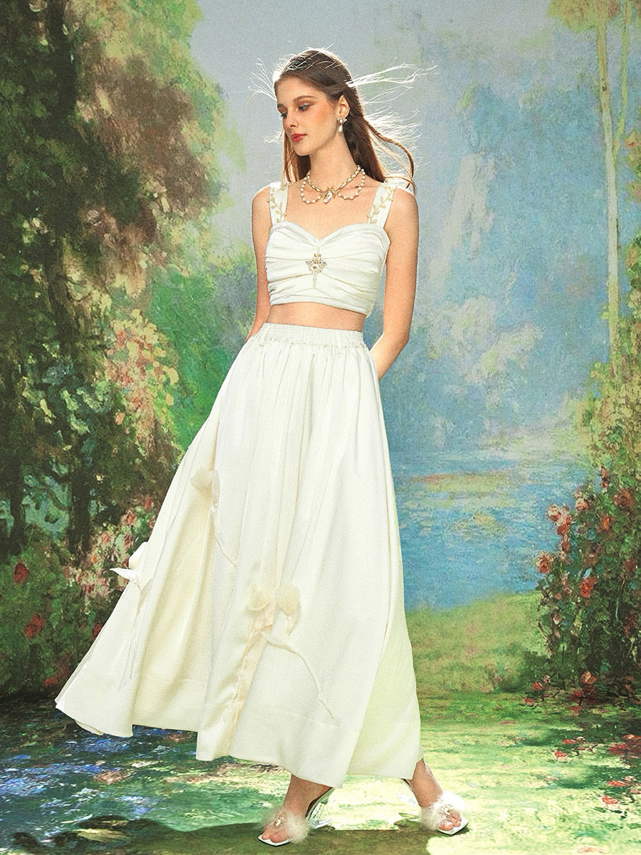 White Pleated Top with Satin Floral Skirt Set