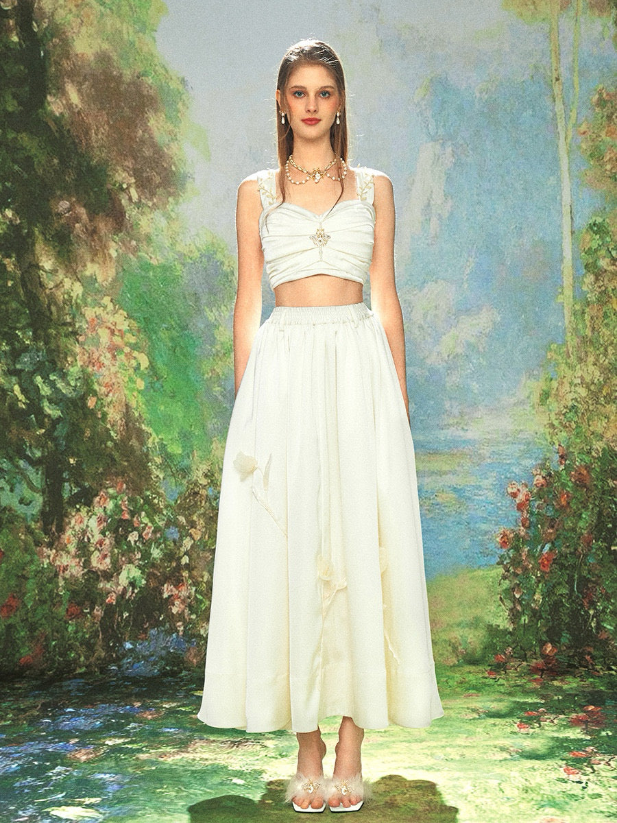 White Pleated Top with Satin Floral Skirt Set