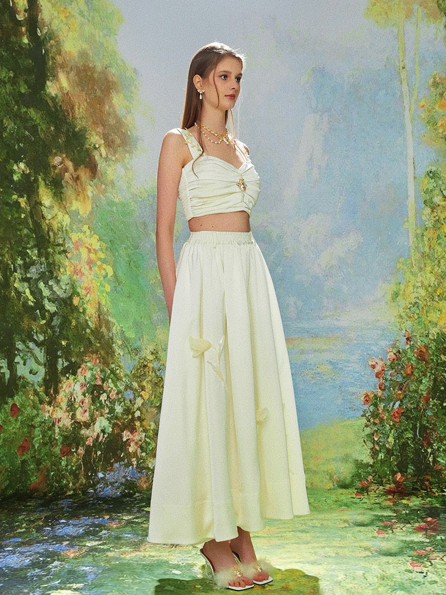White Pleated Top with Satin Floral Skirt Set