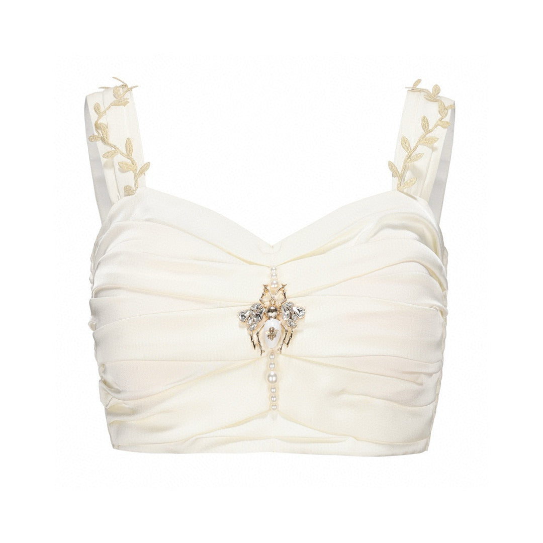 White Pleated Top with Satin Floral Skirt Set