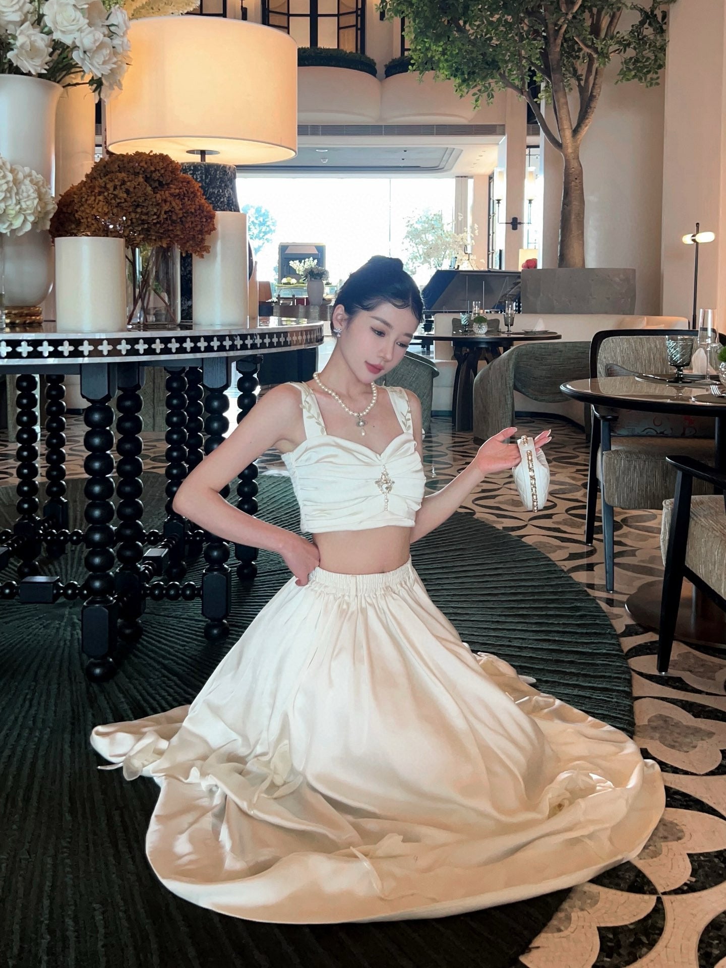 White Pleated Top with Satin Floral Skirt Set