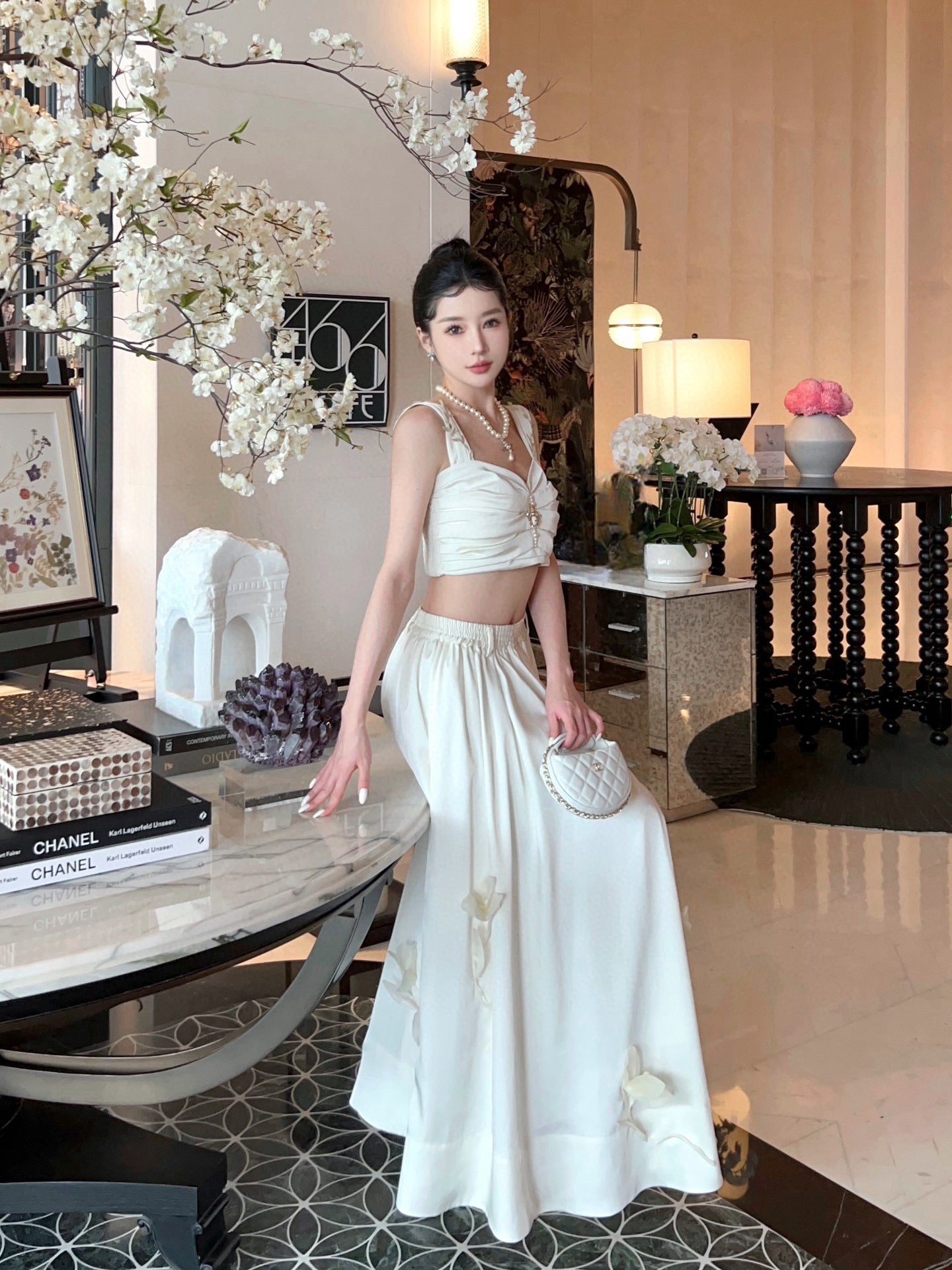 White Pleated Top with Satin Floral Skirt Set