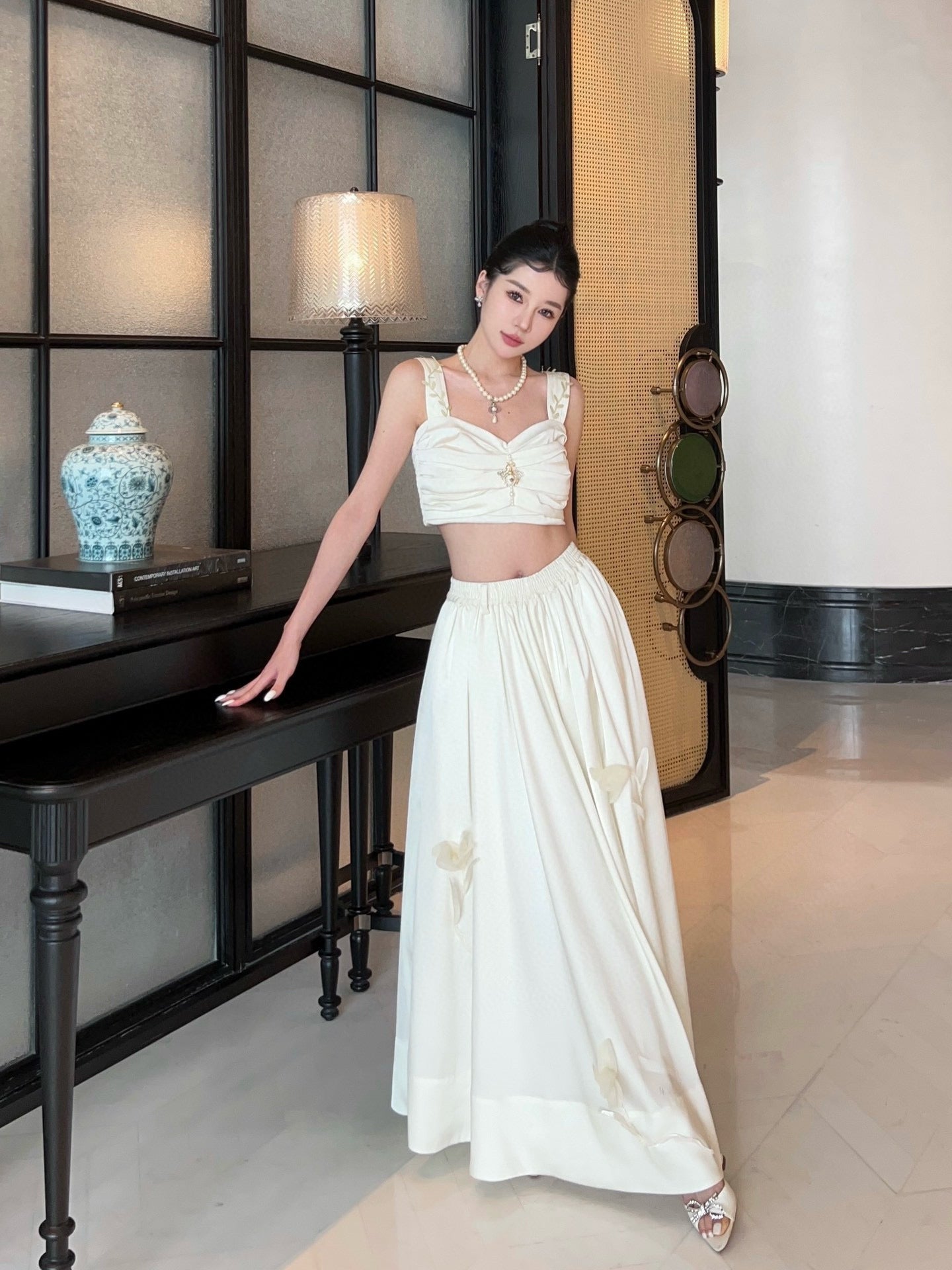 White Pleated Top with Satin Floral Skirt Set