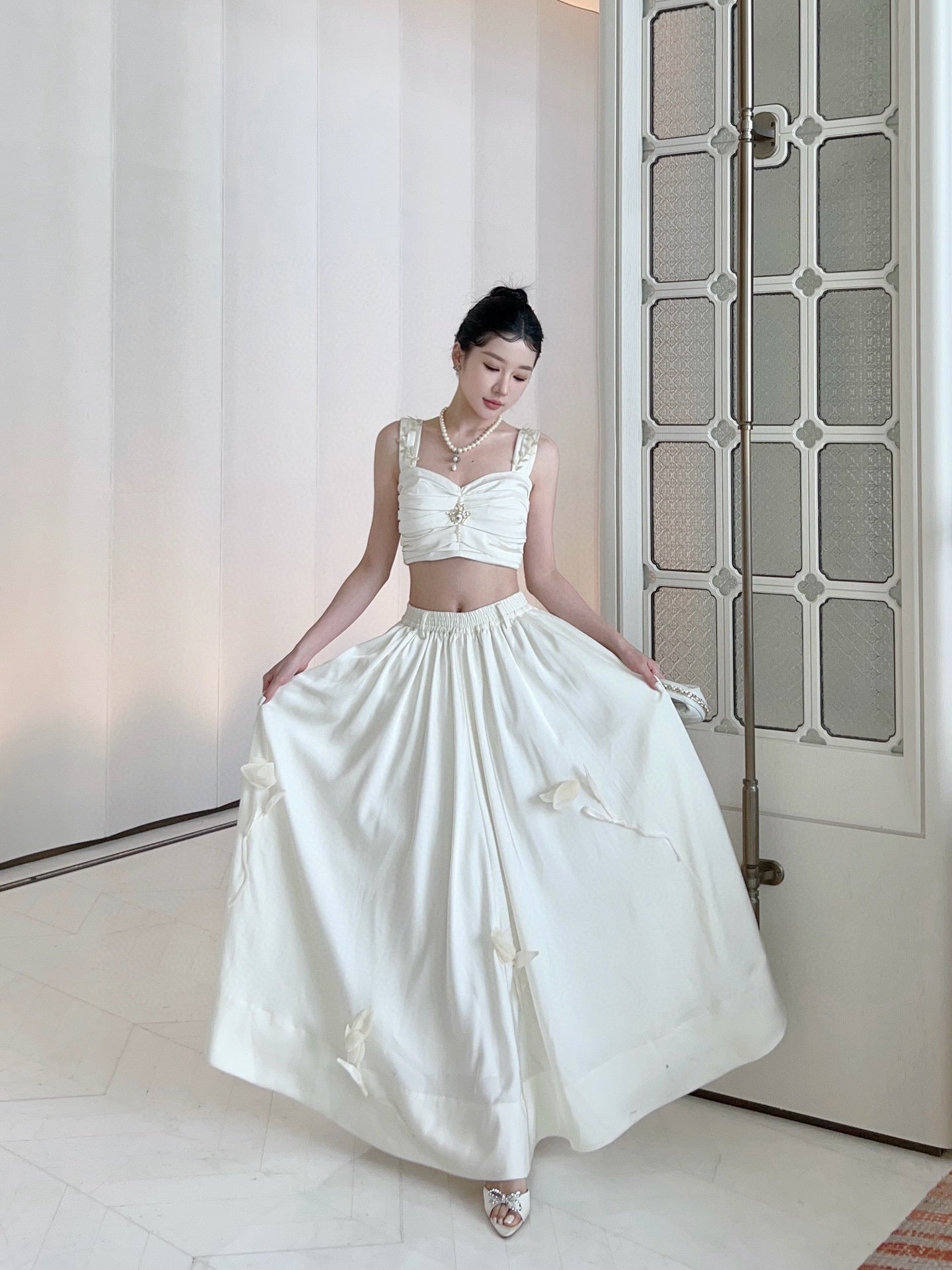 White Pleated Top with Satin Floral Skirt Set