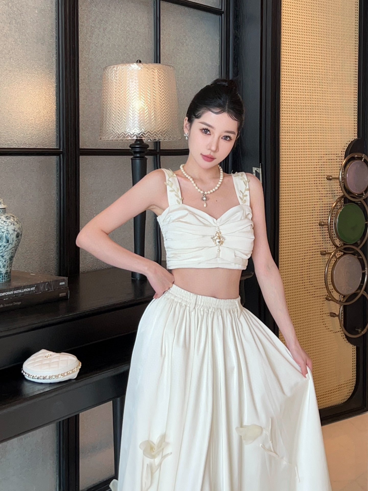 White Pleated Top with Satin Floral Skirt Set