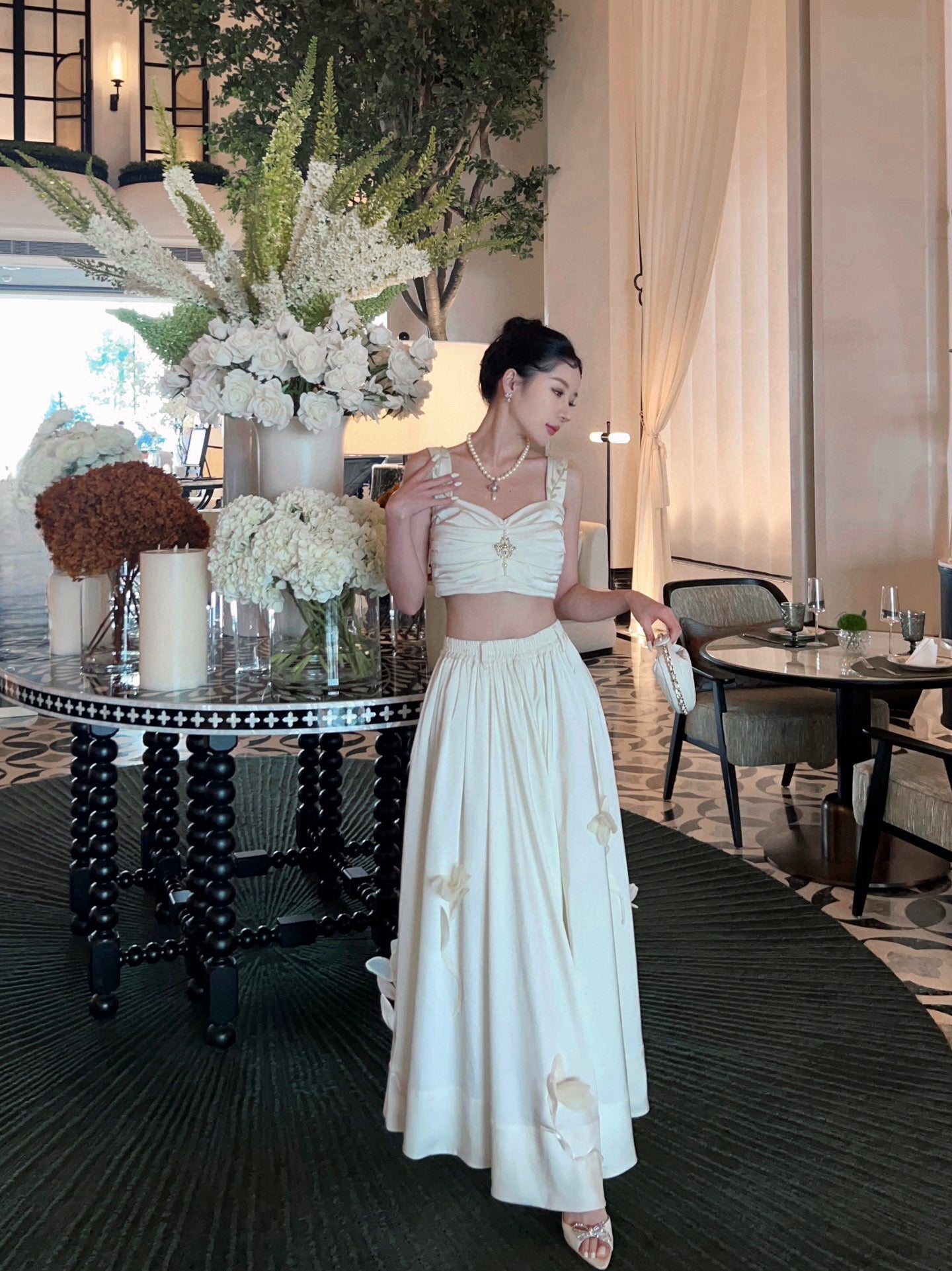 White Pleated Top with Satin Floral Skirt Set