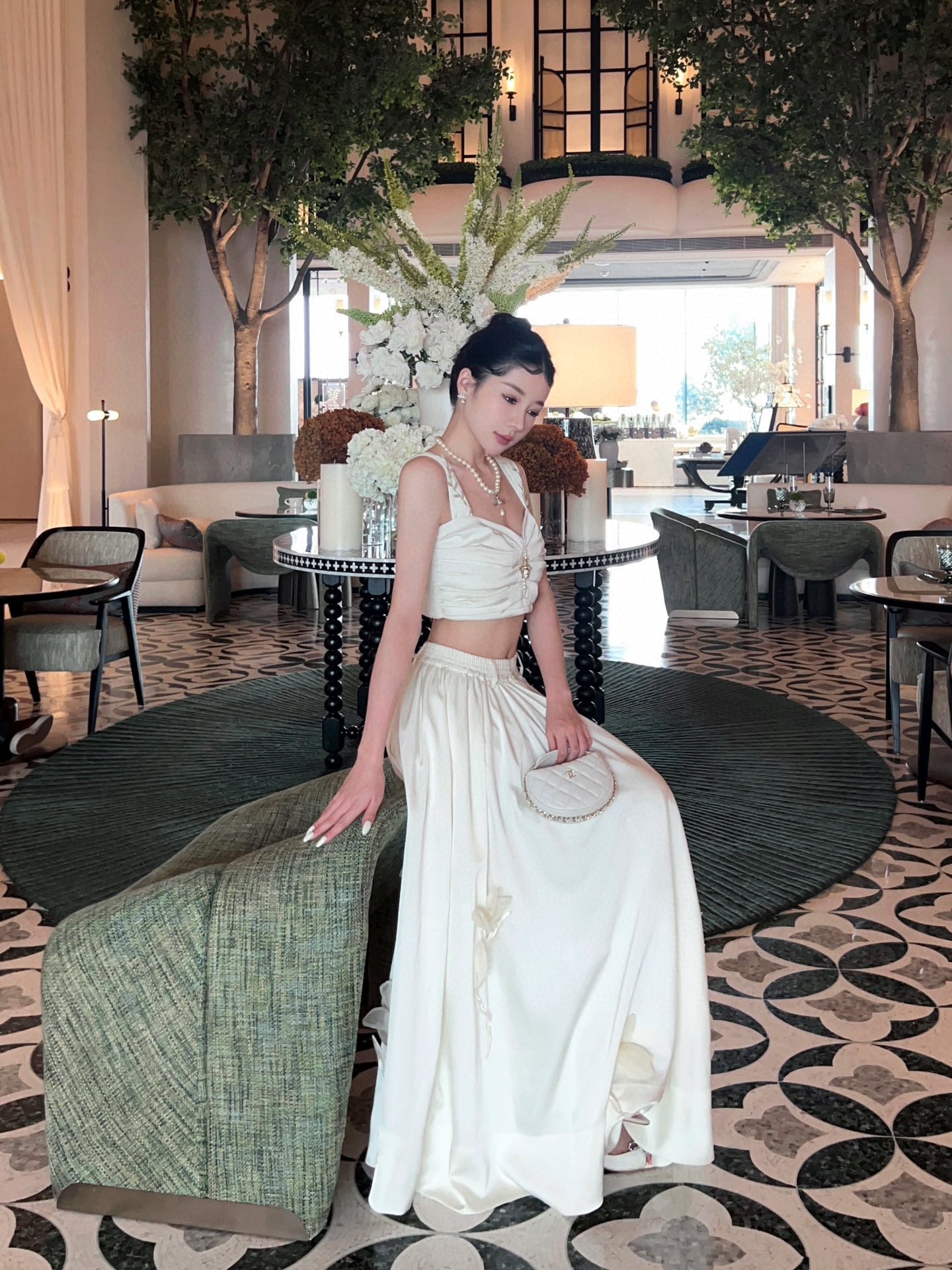 White Pleated Top with Satin Floral Skirt Set