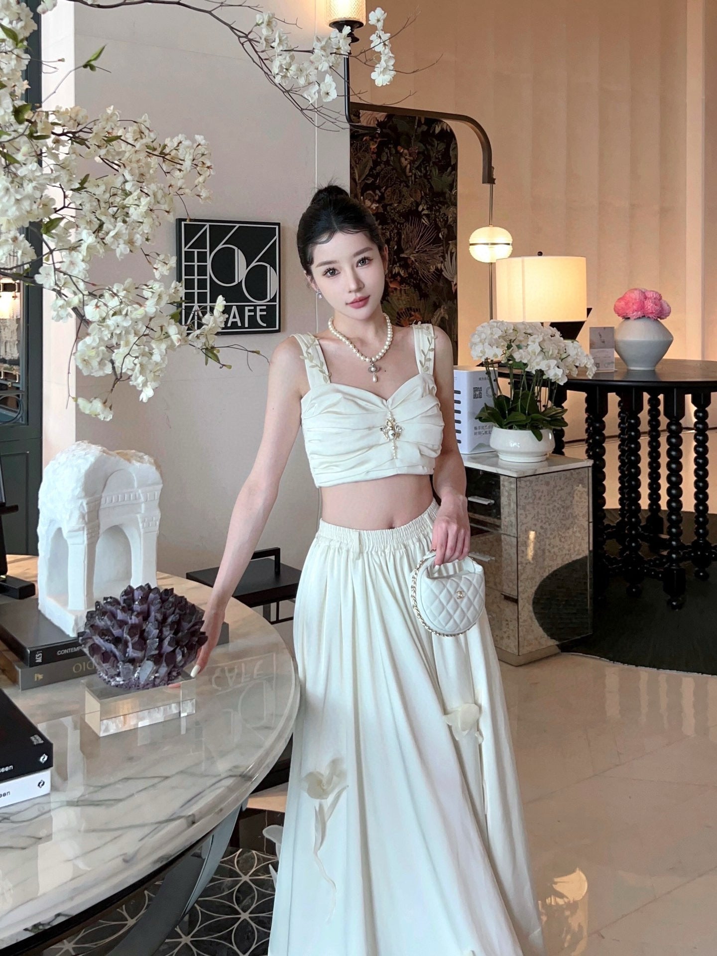 White Pleated Top with Satin Floral Skirt Set
