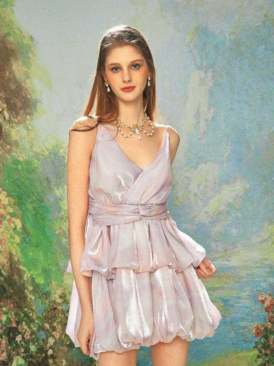 Lilac Shimmer Satin Tiered Dress