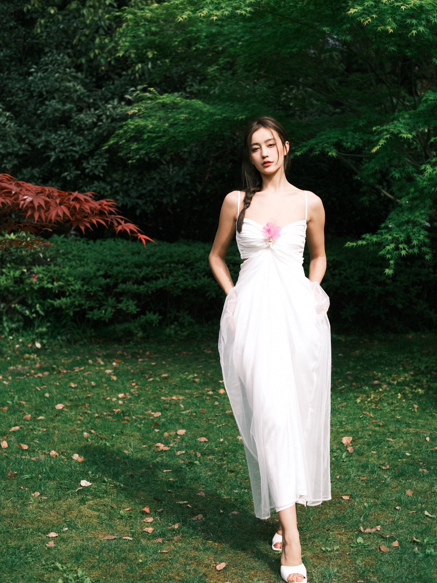Chiffon Mesh Cutout Slip Dress