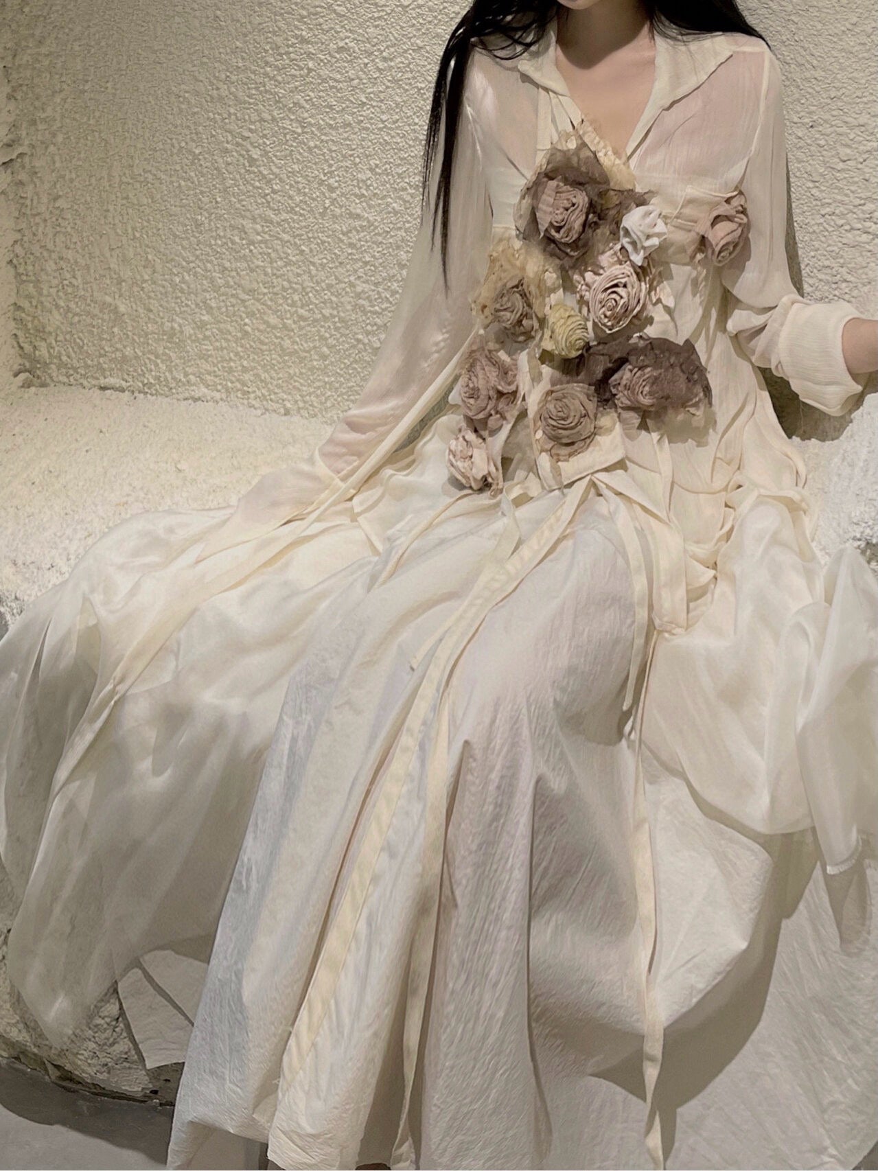 Champagne rose vest with beige shirt and silk skirt set