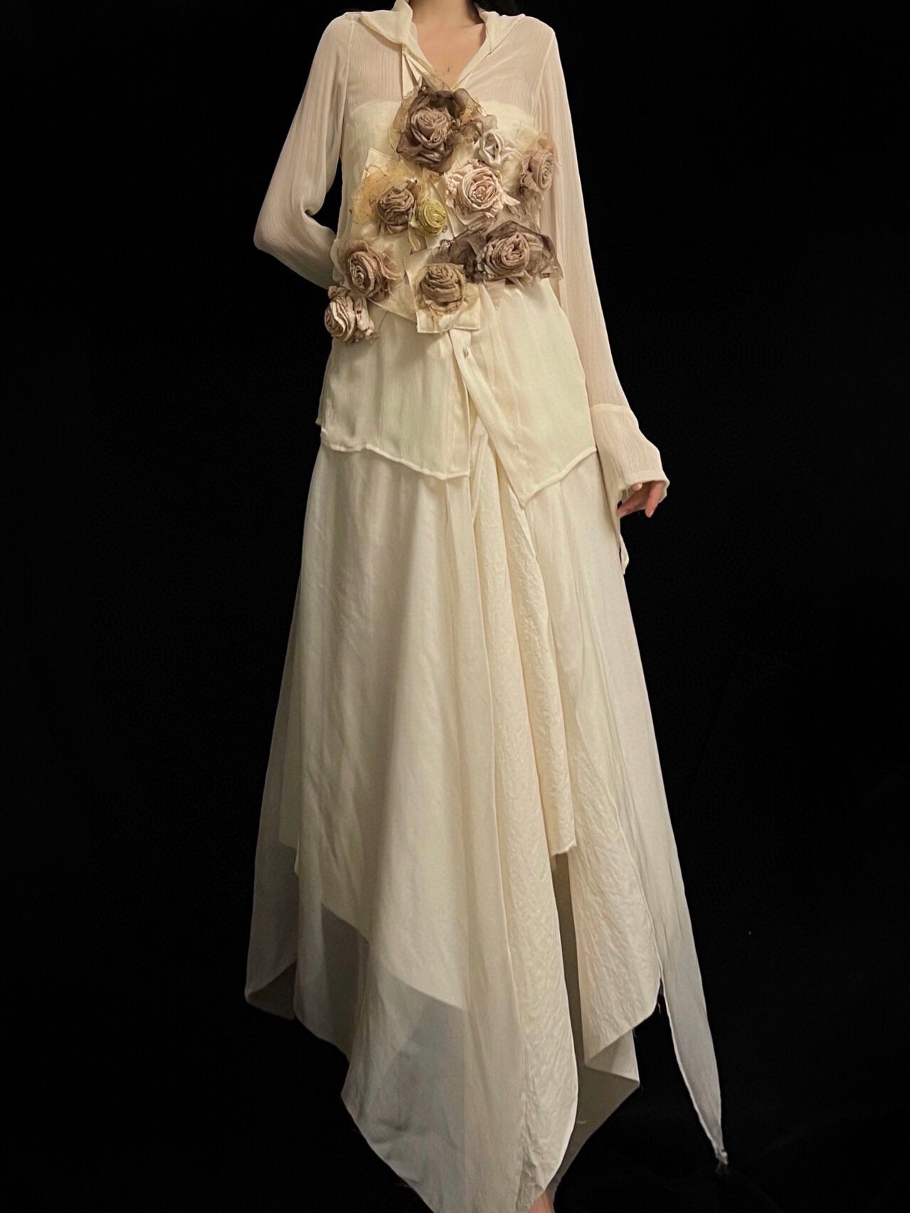 Champagne rose vest with beige shirt and silk skirt set