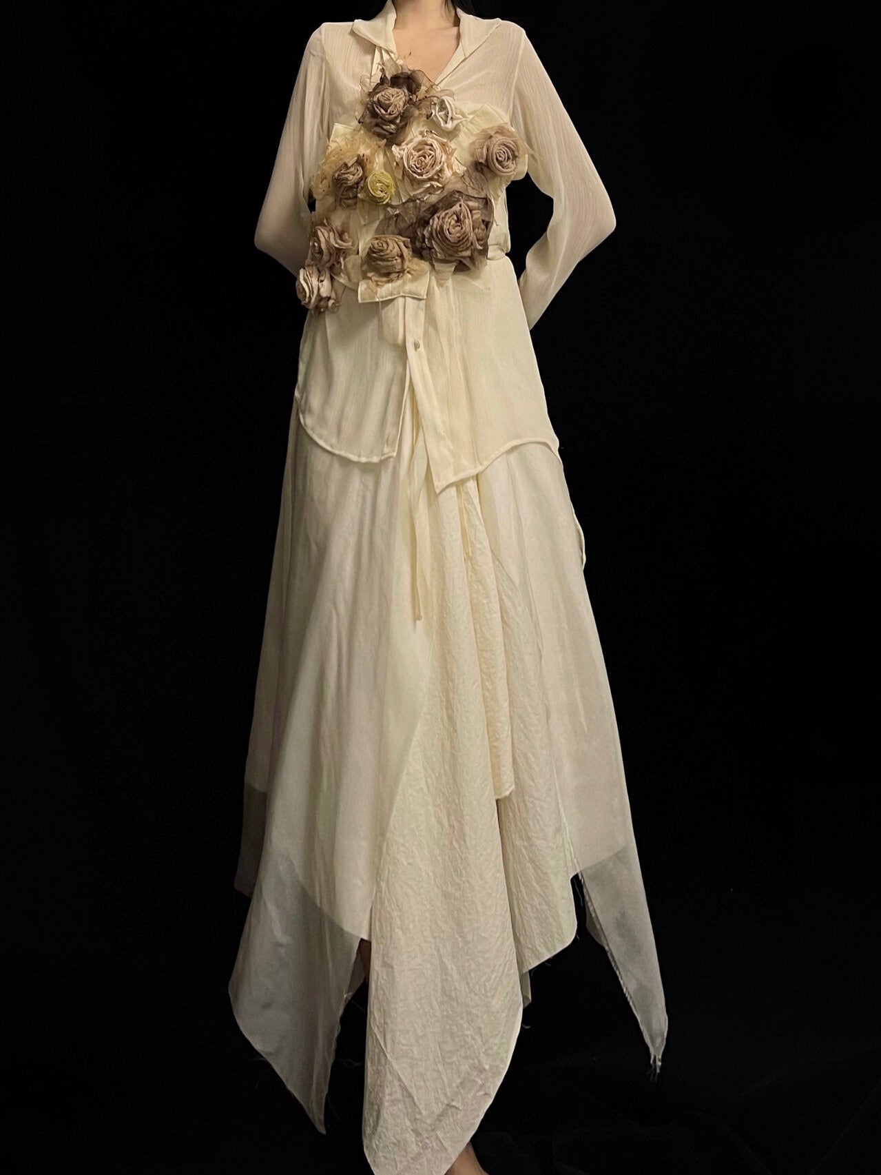 Champagne rose vest with beige shirt and silk skirt set