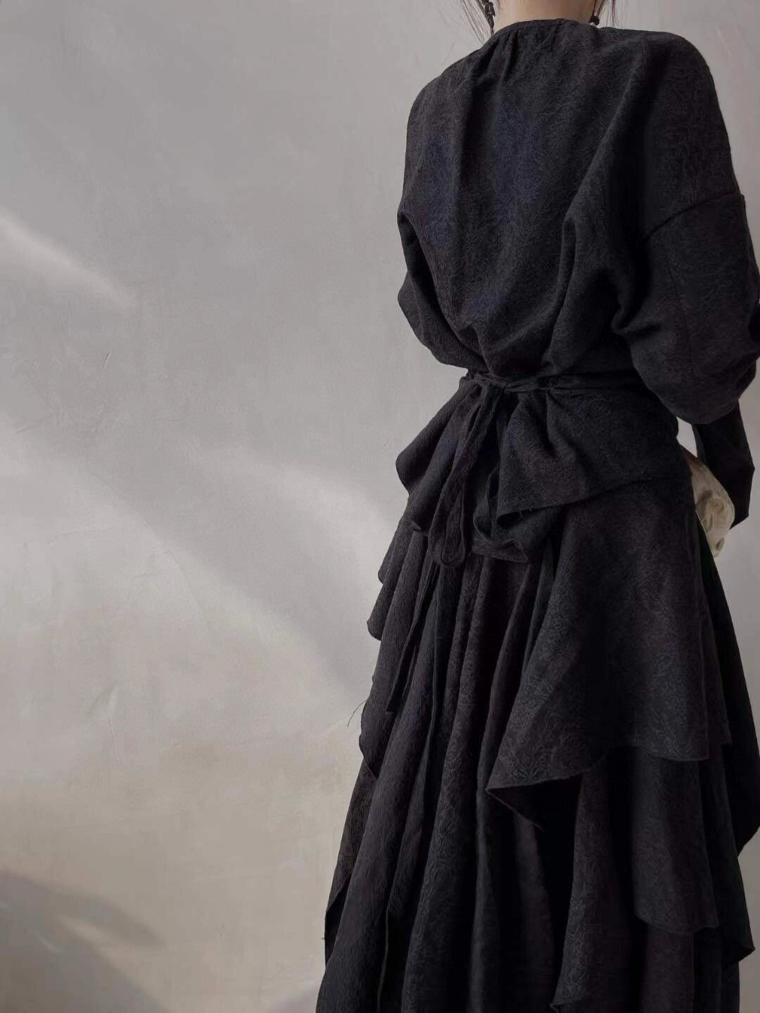Black jacquard top and skirt set