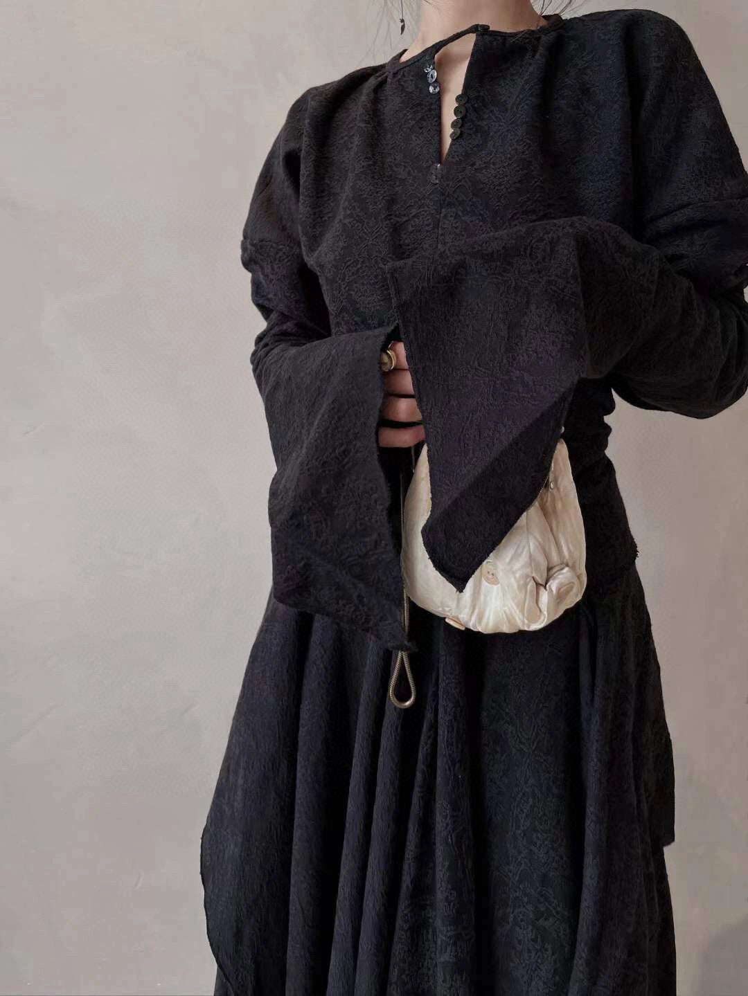 Black jacquard top and skirt set