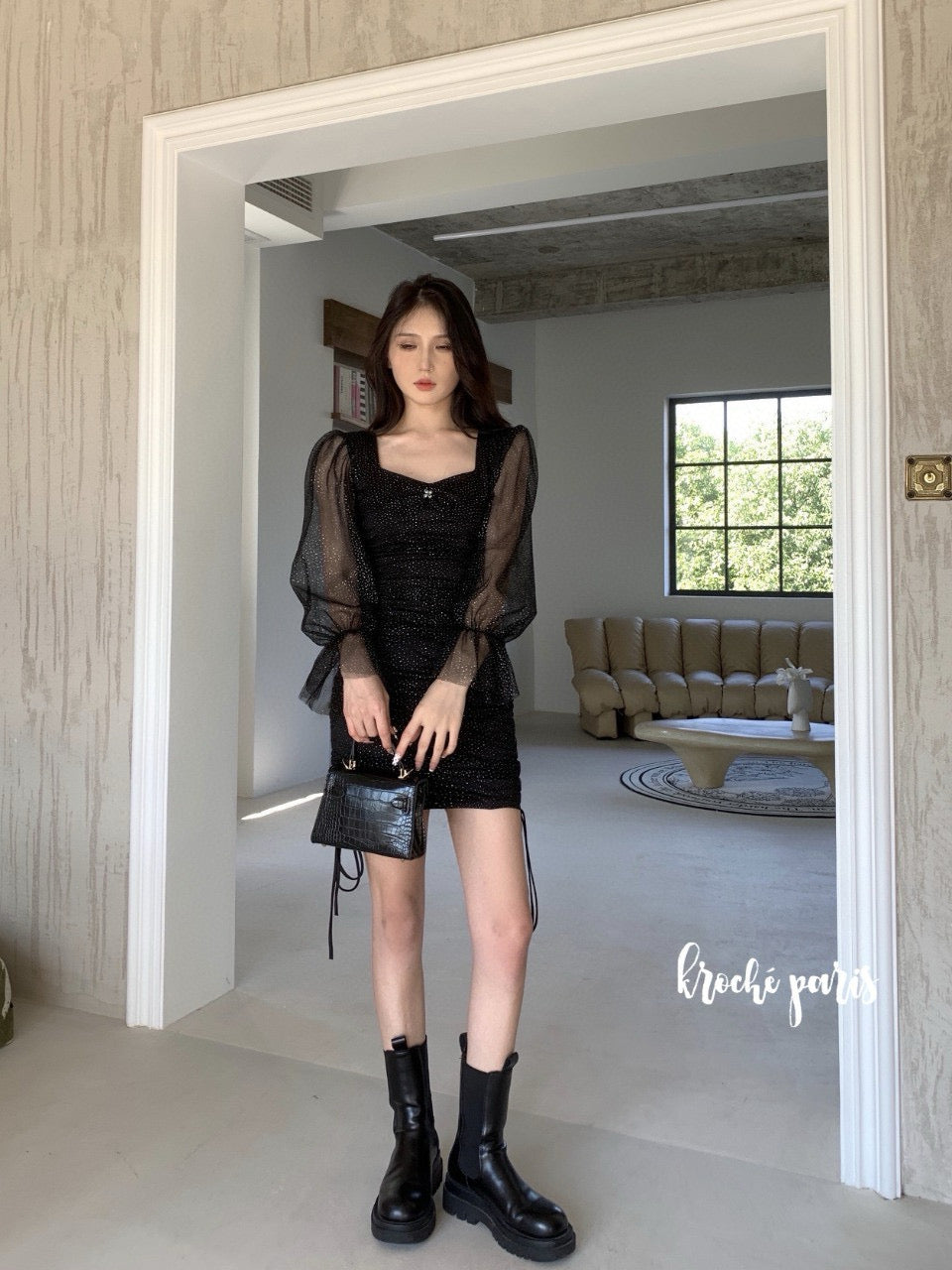 Mesh Puff Sleeve Ruched Bodycon Dress