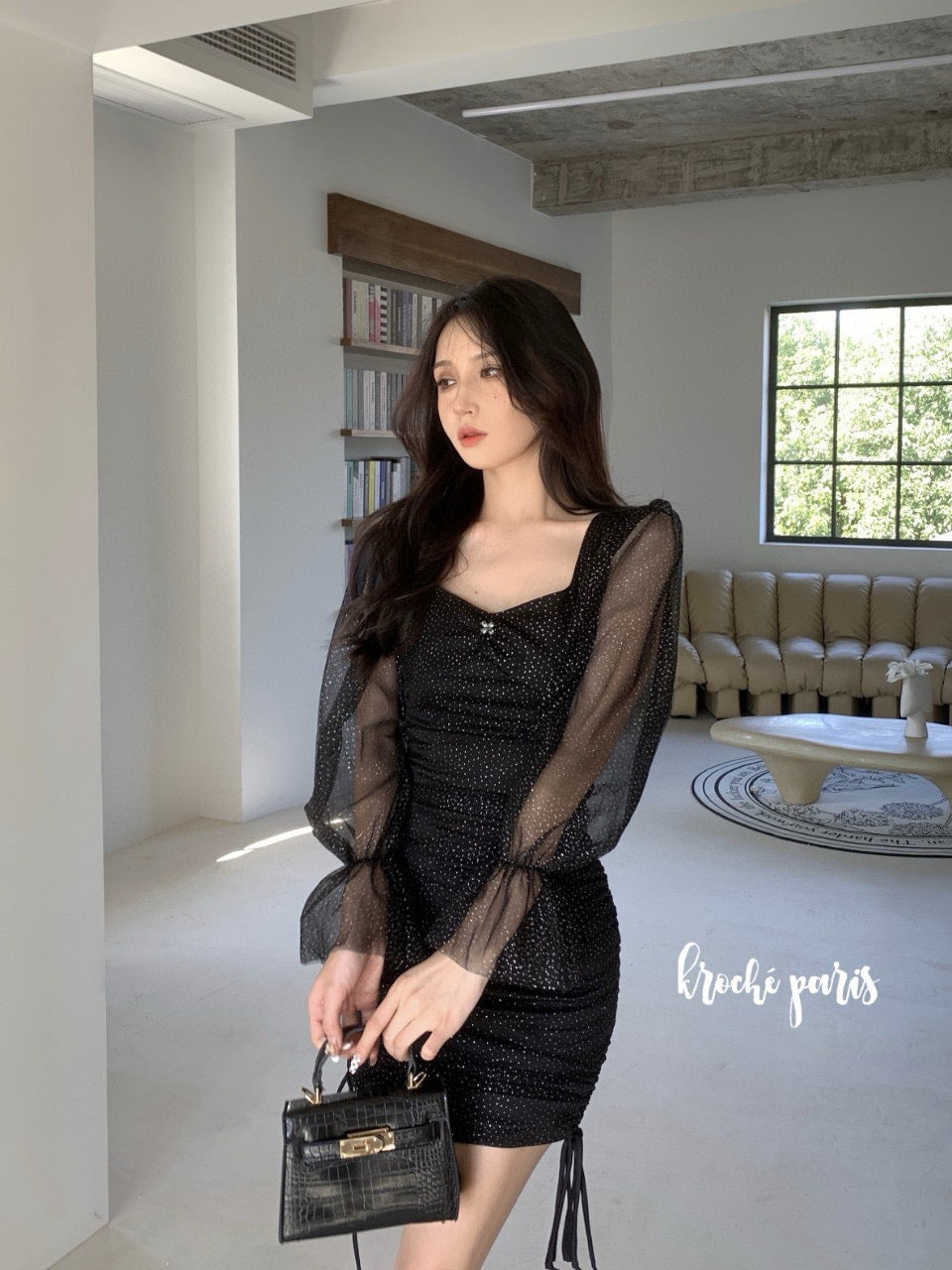 Mesh Puff Sleeve Ruched Bodycon Dress