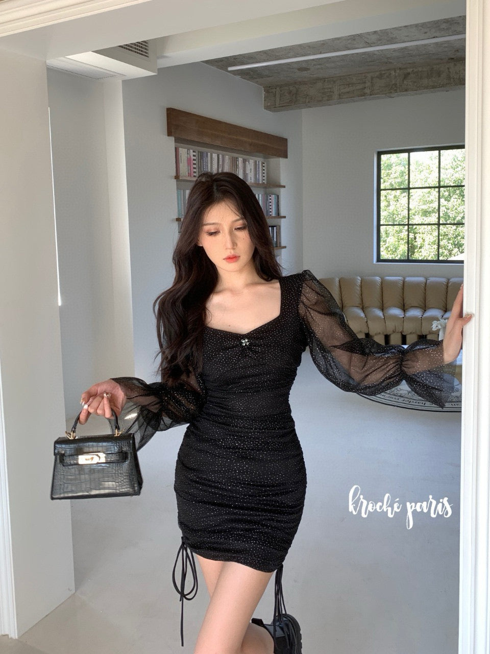 Mesh Puff Sleeve Ruched Bodycon Dress