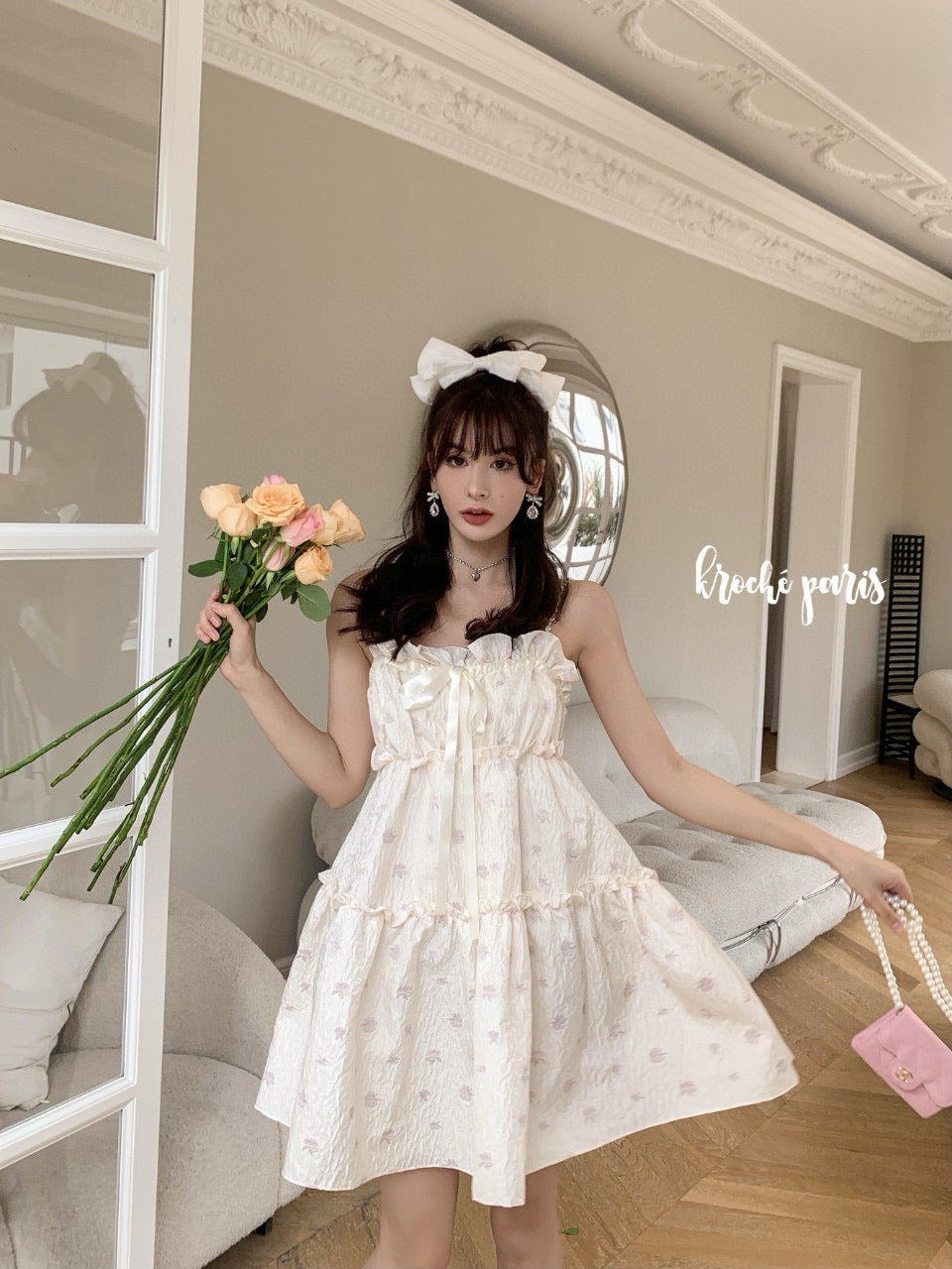Pearl Strap Embossed Apple Flower Jacquard Dress