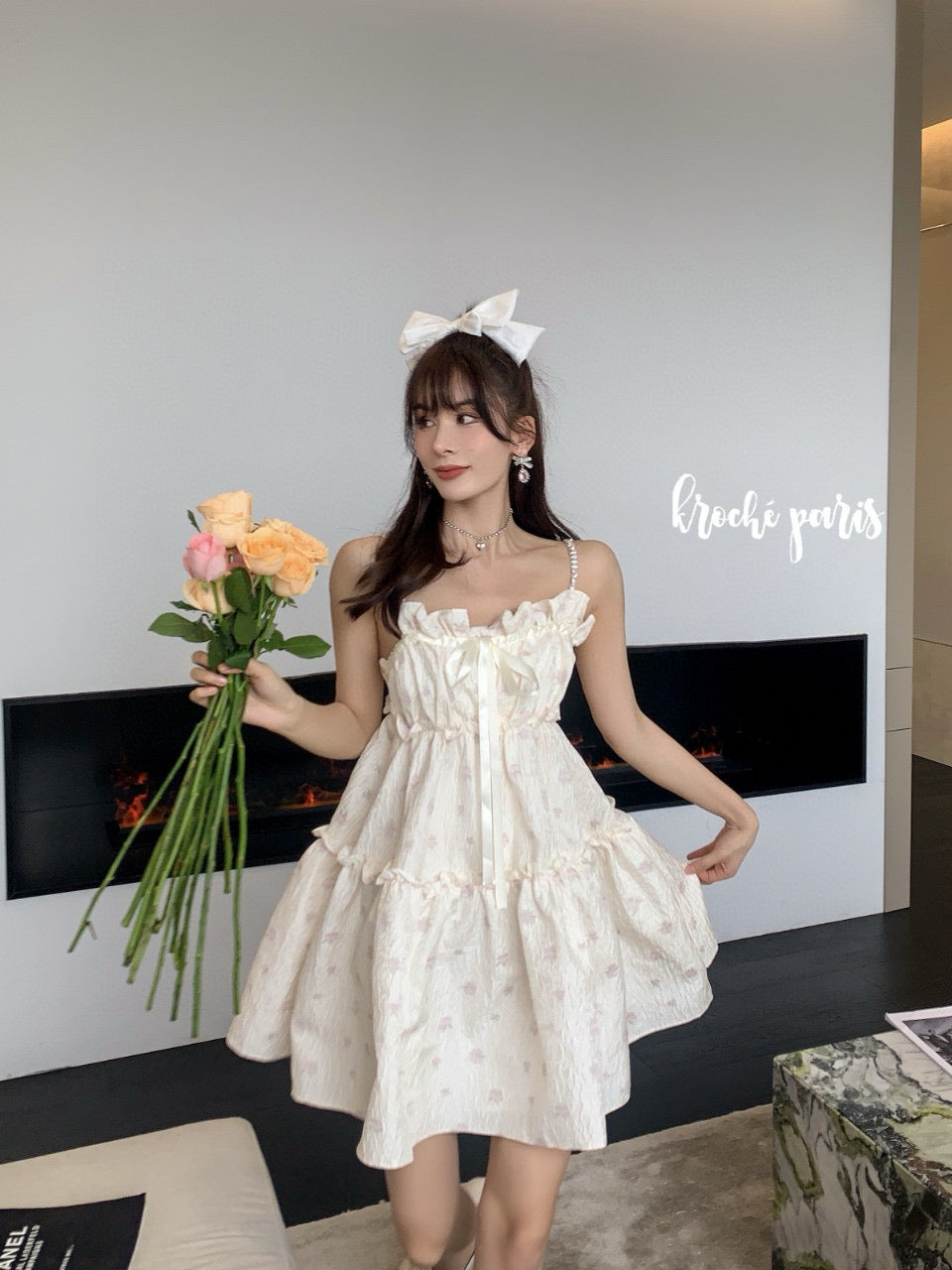 Pearl Strap Embossed Apple Flower Jacquard Dress