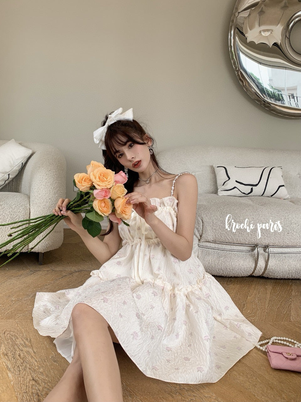 Pearl Strap Embossed Apple Flower Jacquard Dress