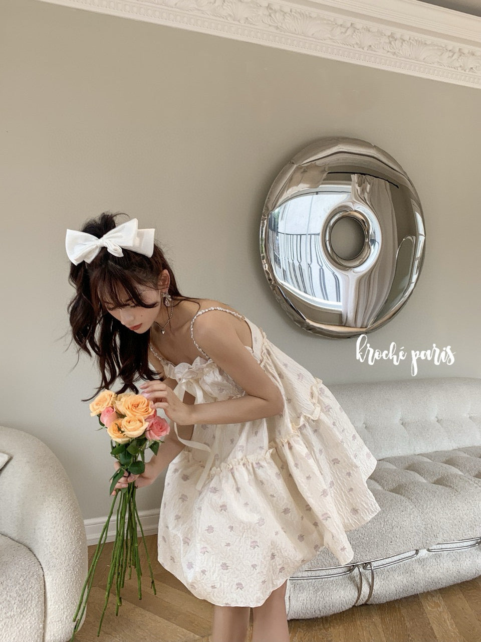 Pearl Strap Embossed Apple Flower Jacquard Dress