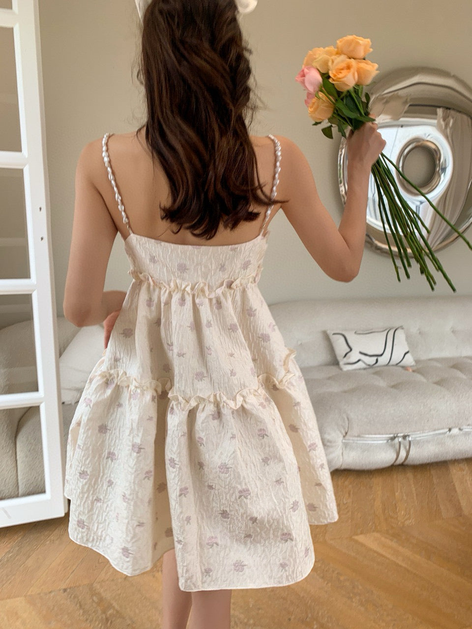 Pearl Strap Embossed Apple Flower Jacquard Dress