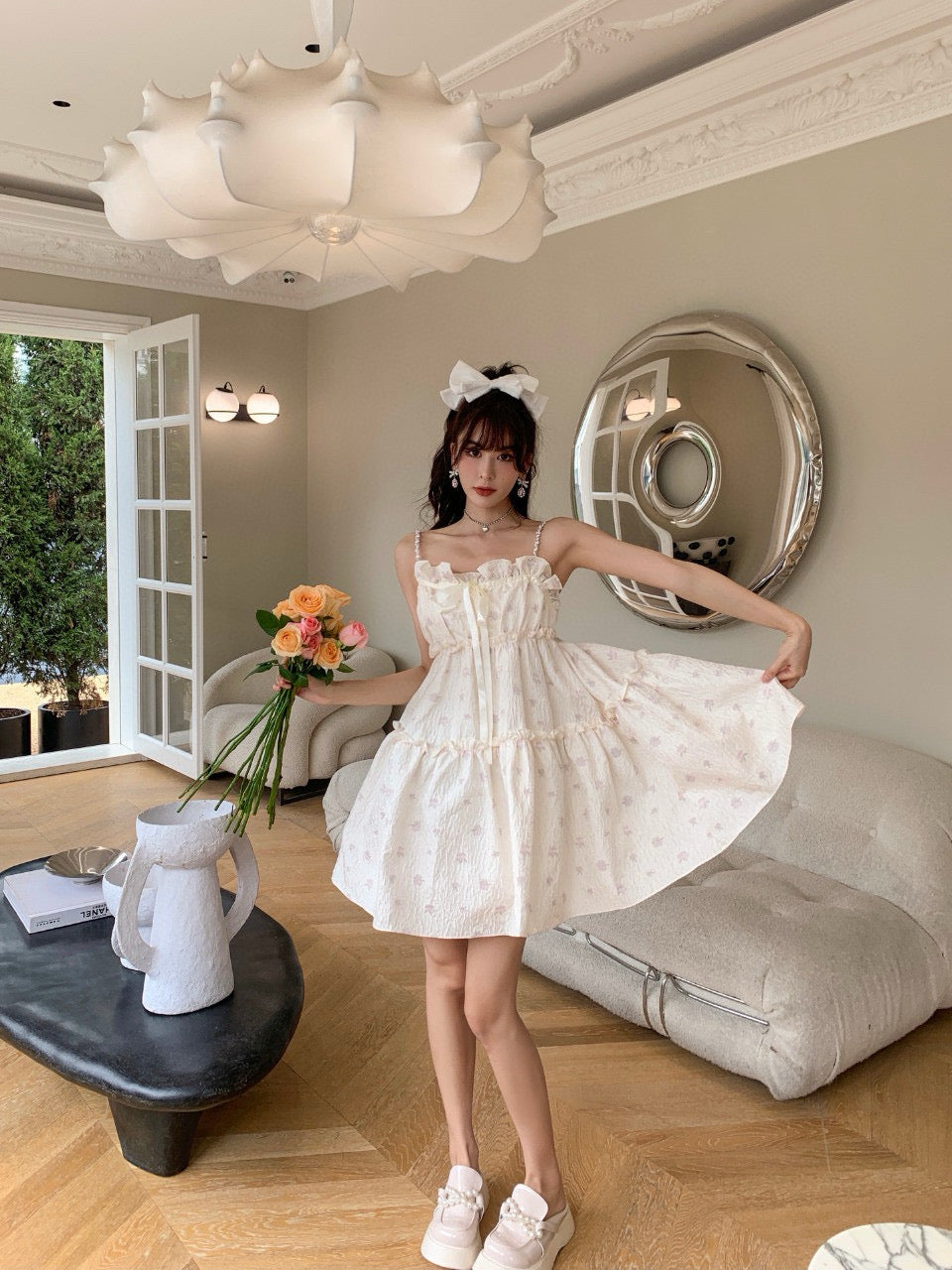 Pearl Strap Embossed Apple Flower Jacquard Dress