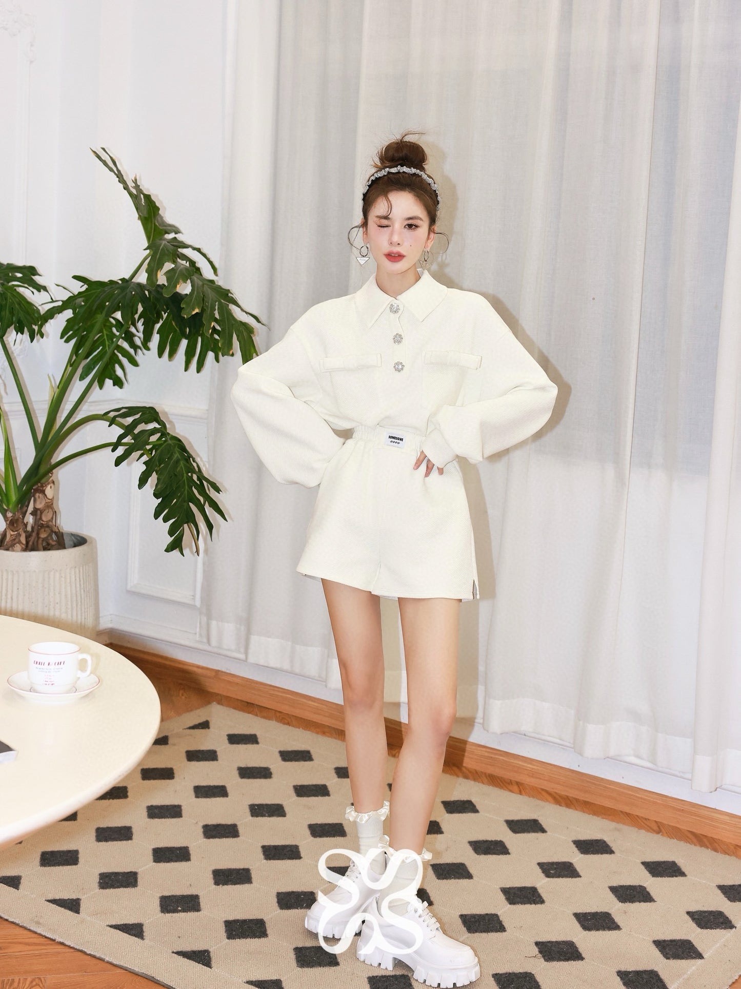 Bow and Rhinestone Button Sweatshirt Set