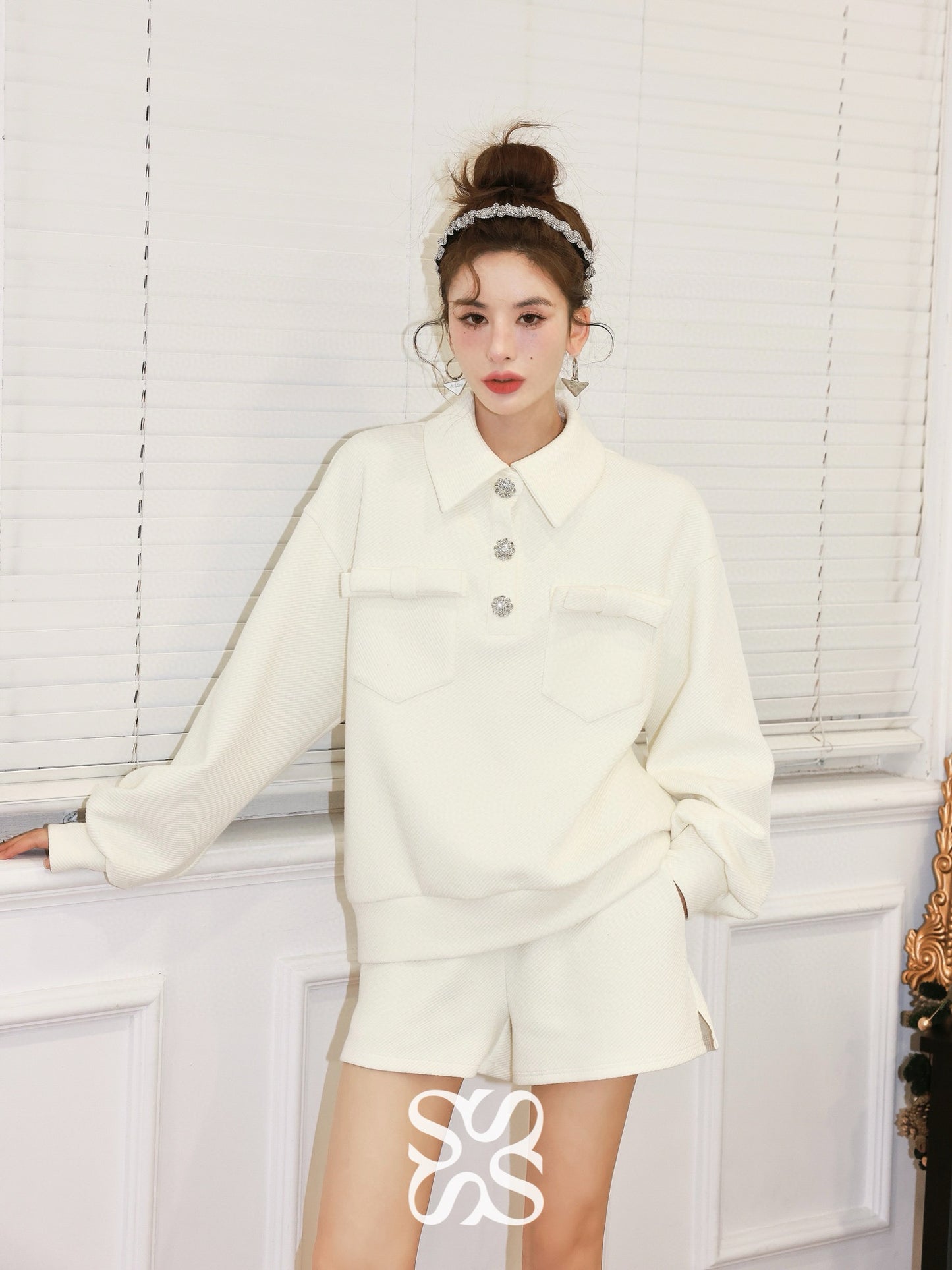 Bow and Rhinestone Button Sweatshirt Set