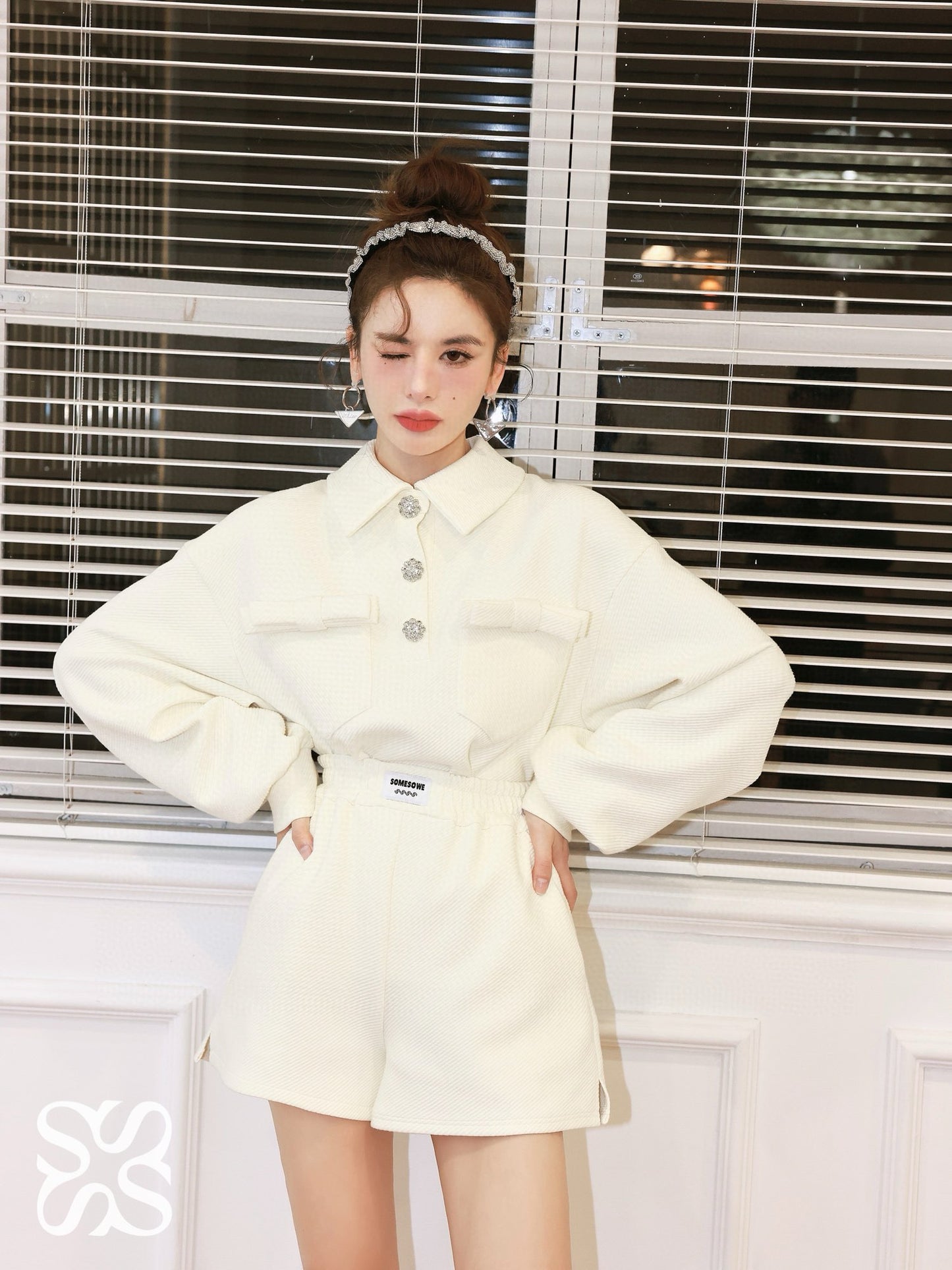 Bow and Rhinestone Button Sweatshirt Set