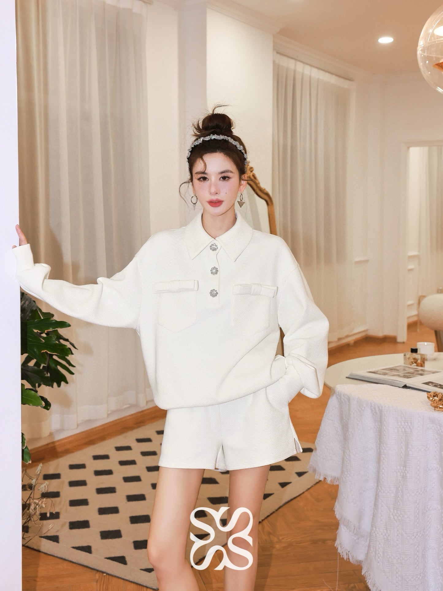 Bow and Rhinestone Button Sweatshirt Set