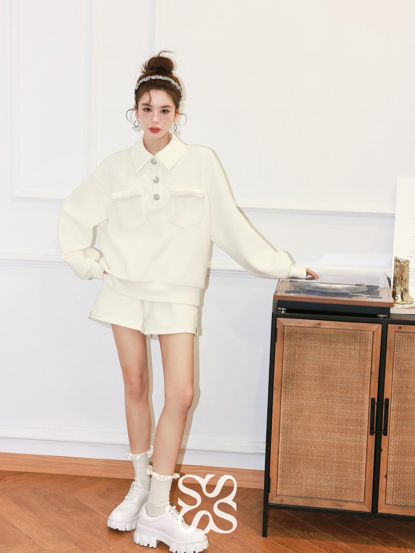 Bow and Rhinestone Button Sweatshirt Set